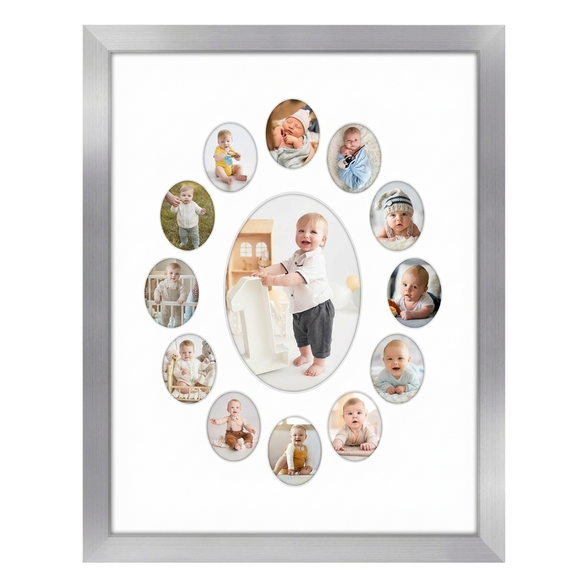 Silver 12x16 keepsake frame, white mat with thirteen oval openings of baby photos 