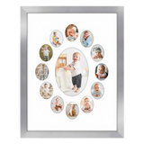 Silver 12x16 keepsake frame, white mat with thirteen oval openings of baby photos 