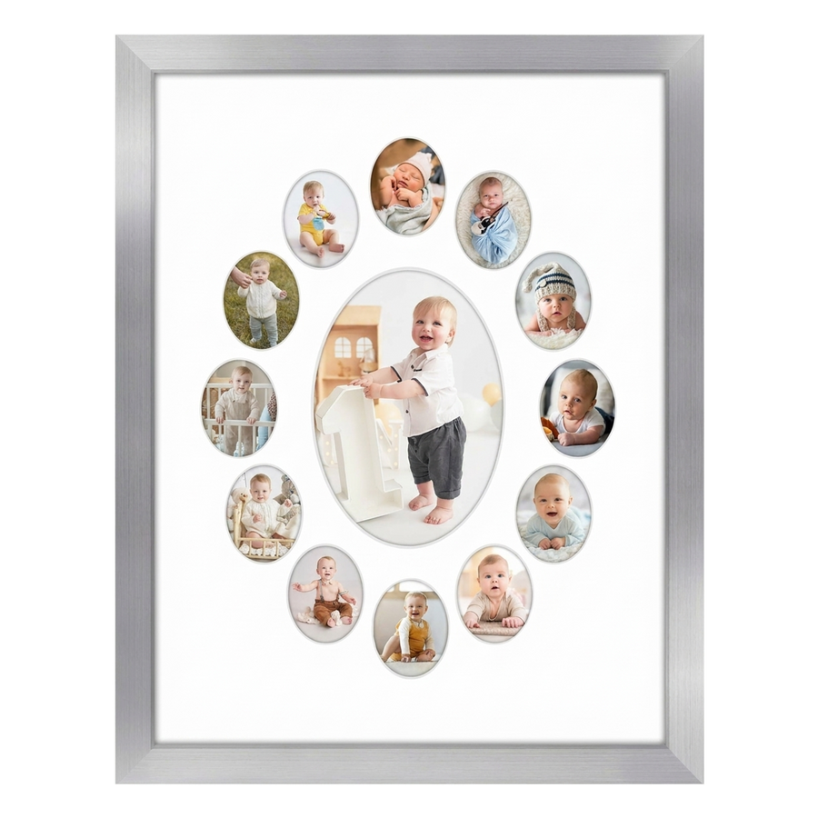 Silver 12x16 keepsake frame, white mat with thirteen oval openings of baby photos #flat