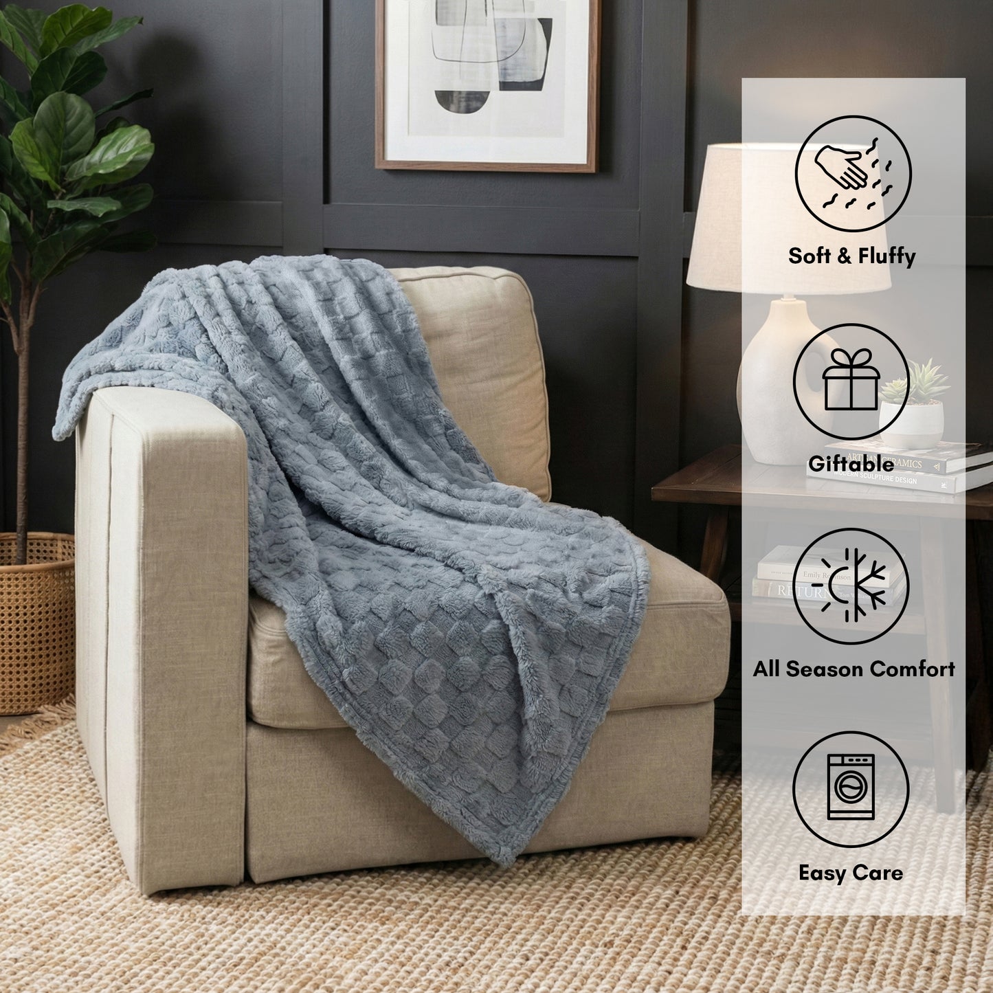 50x60 | Jacquard Fleece Throw Blanket | Gray | Soft and Breathable | Modern