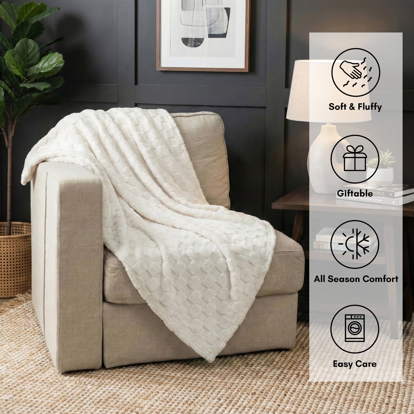 60x80 | Jacquard Fleece Throw Blanket | Cream | Soft and Breathable | Modern