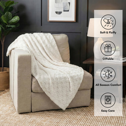 60x80 | Jacquard Fleece Throw Blanket | Cream | Soft and Breathable | Modern