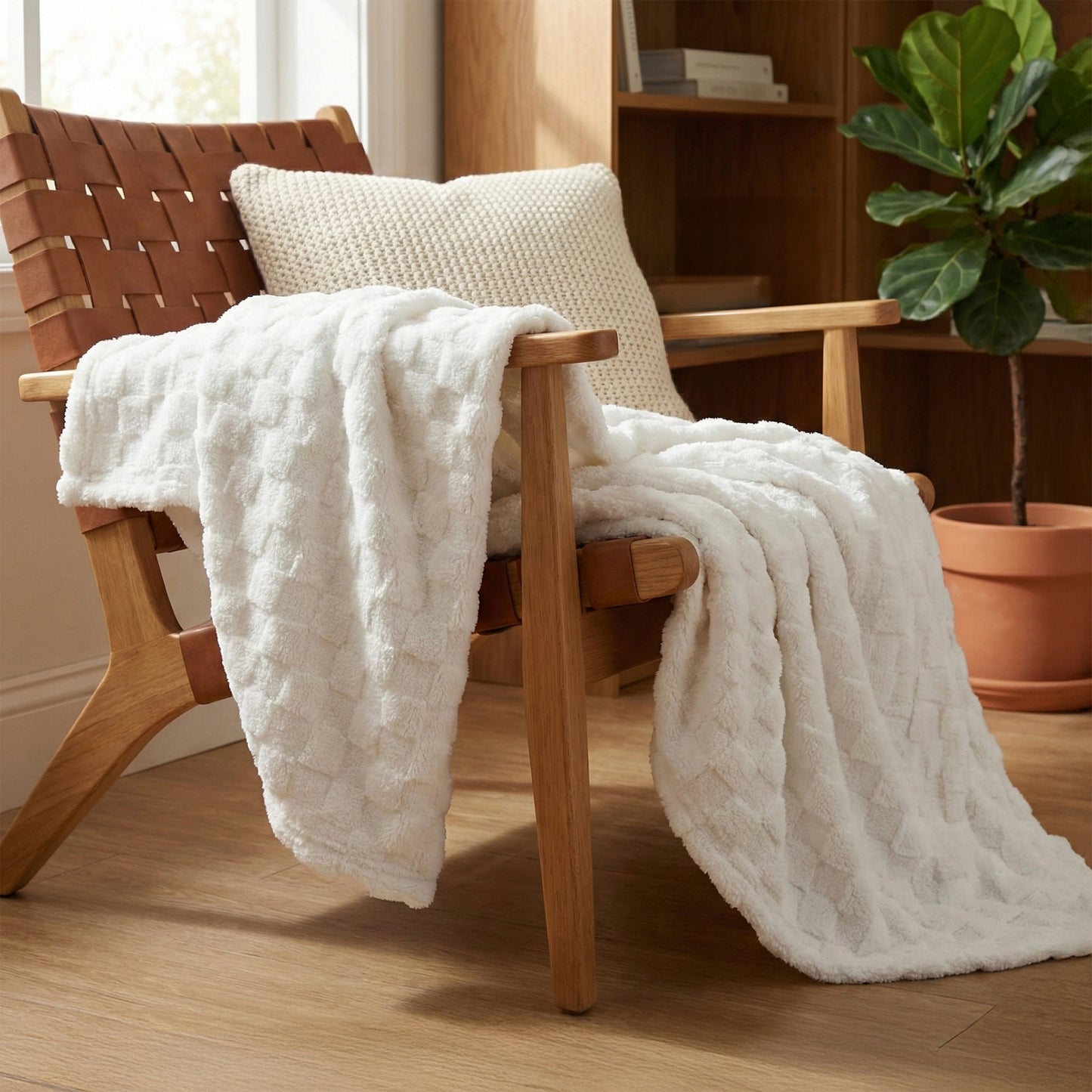 60x80 | Jacquard Fleece Throw Blanket | Cream | Soft and Breathable | Modern