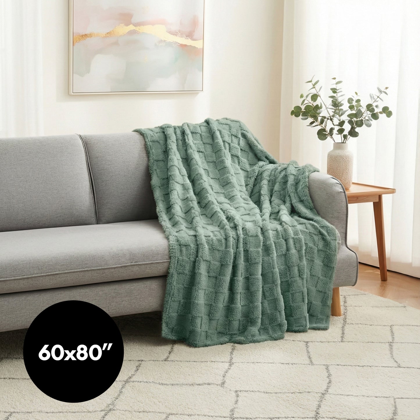 60x80 | Jacquard Fleece Throw Blanket | Green | Soft and Breathable | Modern