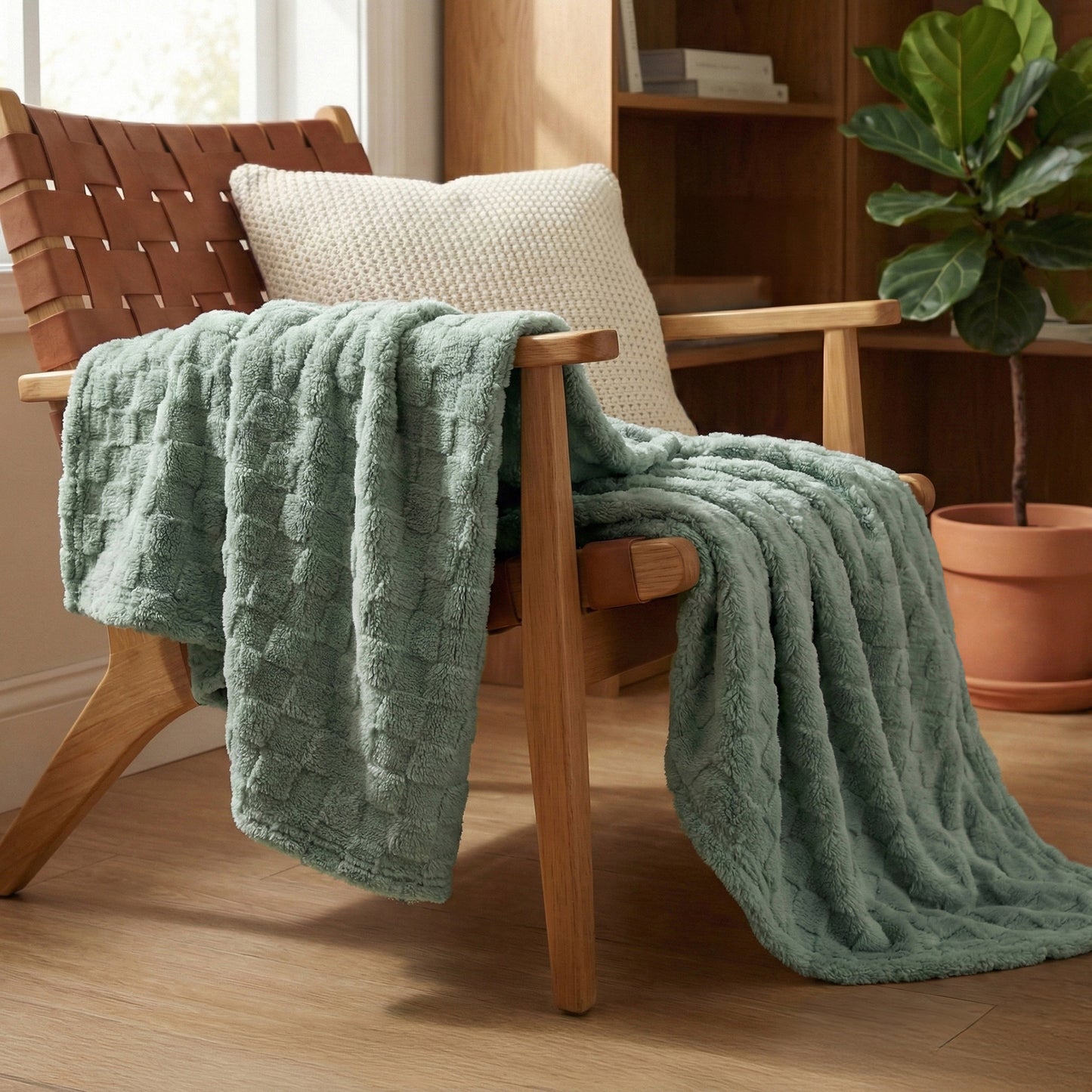 60x80 | Jacquard Fleece Throw Blanket | Green | Soft and Breathable | Modern