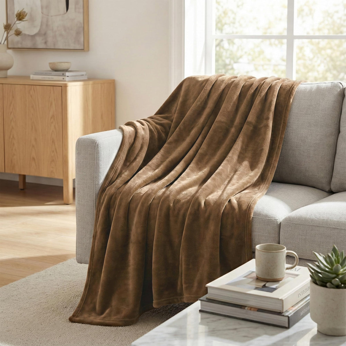 Americanflat 60x80 Fleece Throw Blanket - Soft and Breathable Throw Blanket for Couch, Bed, Chair - Roomy Fleece Blankets Perfect for Home, Bedroom, or Outdoor Use - Brown