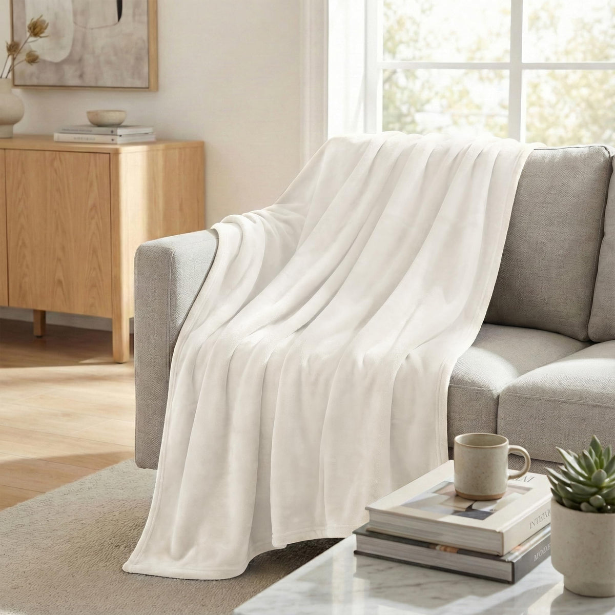 Americanflat 60x80 Fleece Throw Blanket - Soft and Breathable Throw Blanket for Couch, Bed, Chair - Roomy Fleece Blankets Perfect for Home, Bedroom, or Outdoor Use - White