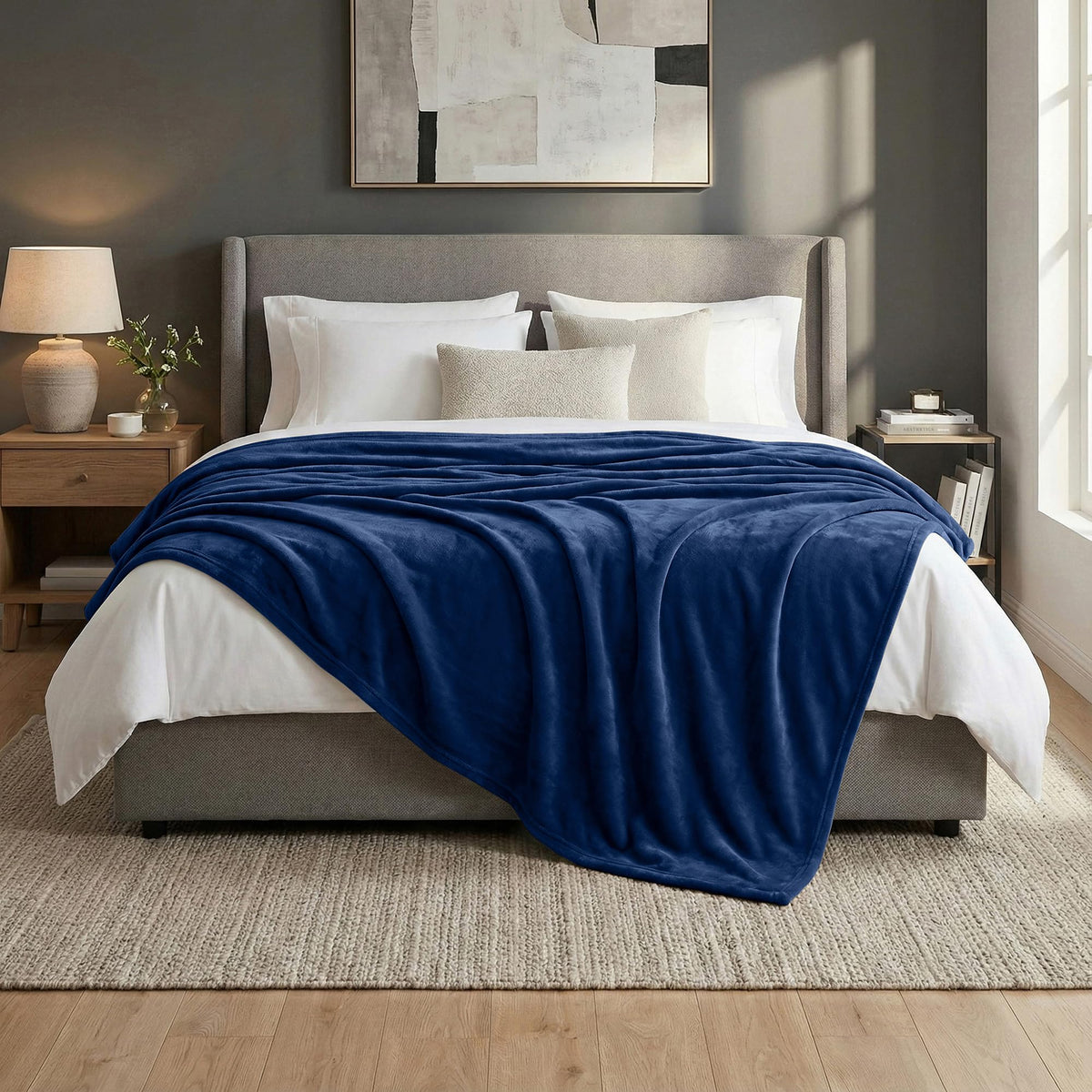 Americanflat 90x90 Fleece Throw Blanket - Soft and Breathable Throw Blanket for Couch, Bed, Chair - Oversized Fleece Blankets Perfect for Home, Bedroom, or Outdoor Use - Blue