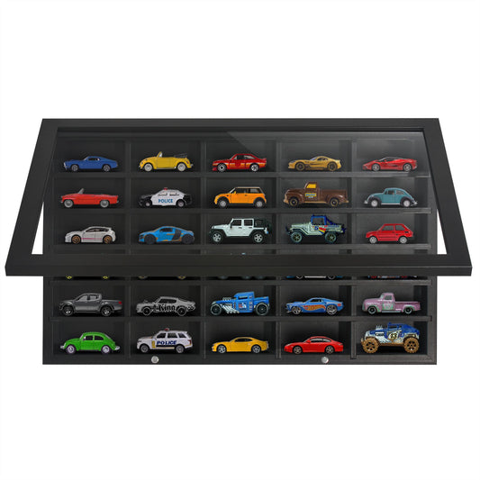 11x18 Toy Car Display Case | Holds 30 Cars | Wall-Mounted with Shatter-Resistant Glass | Black