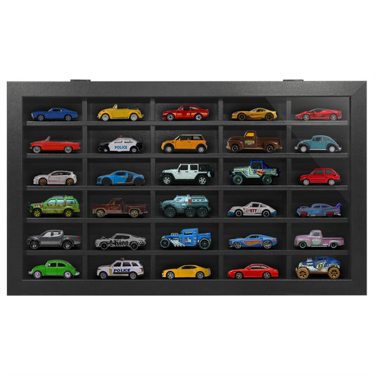 11x18 Toy Car Display Case | Holds 30 Cars | Wall-Mounted with Shatter-Resistant Glass | Black