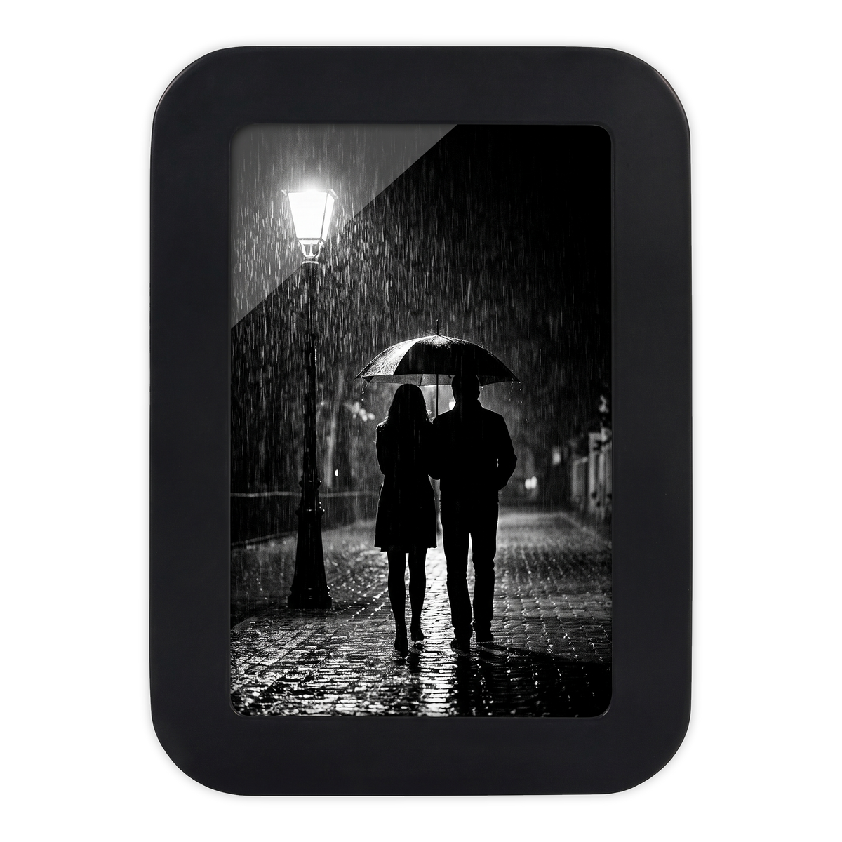 Black 4x6 Mod frame with no mat, a couple under an umbrella on a rainy street 