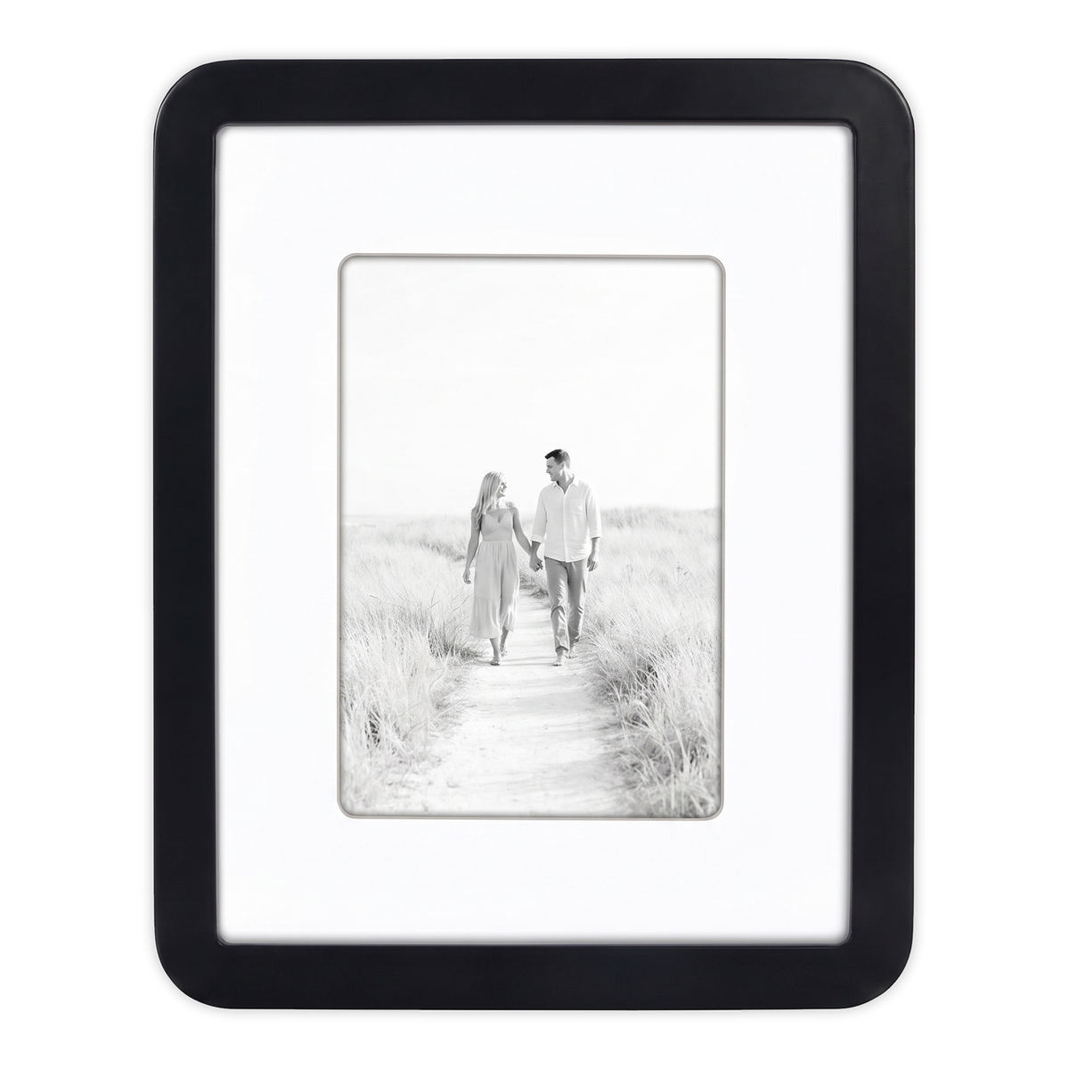 Black 8x10 Mod frame, white mat opening to 5x7, a couple on a grassy dune path 