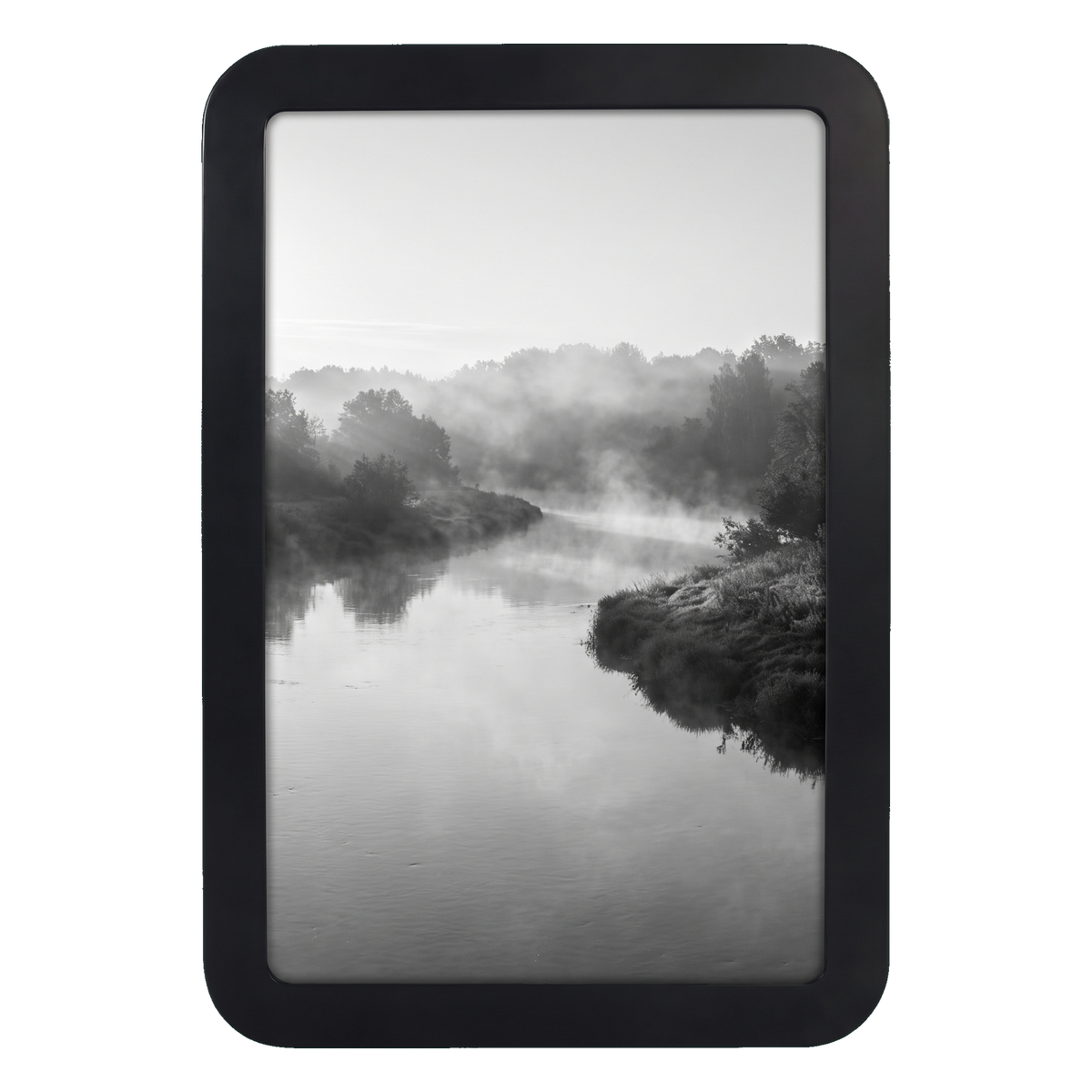 Black 11x17 Mod frame with no mat, a misty river winding between wooded banks 