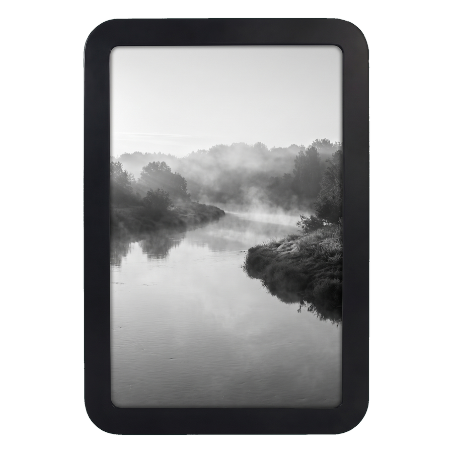 Black 11x17 Mod frame with no mat, a misty river winding between wooded banks 