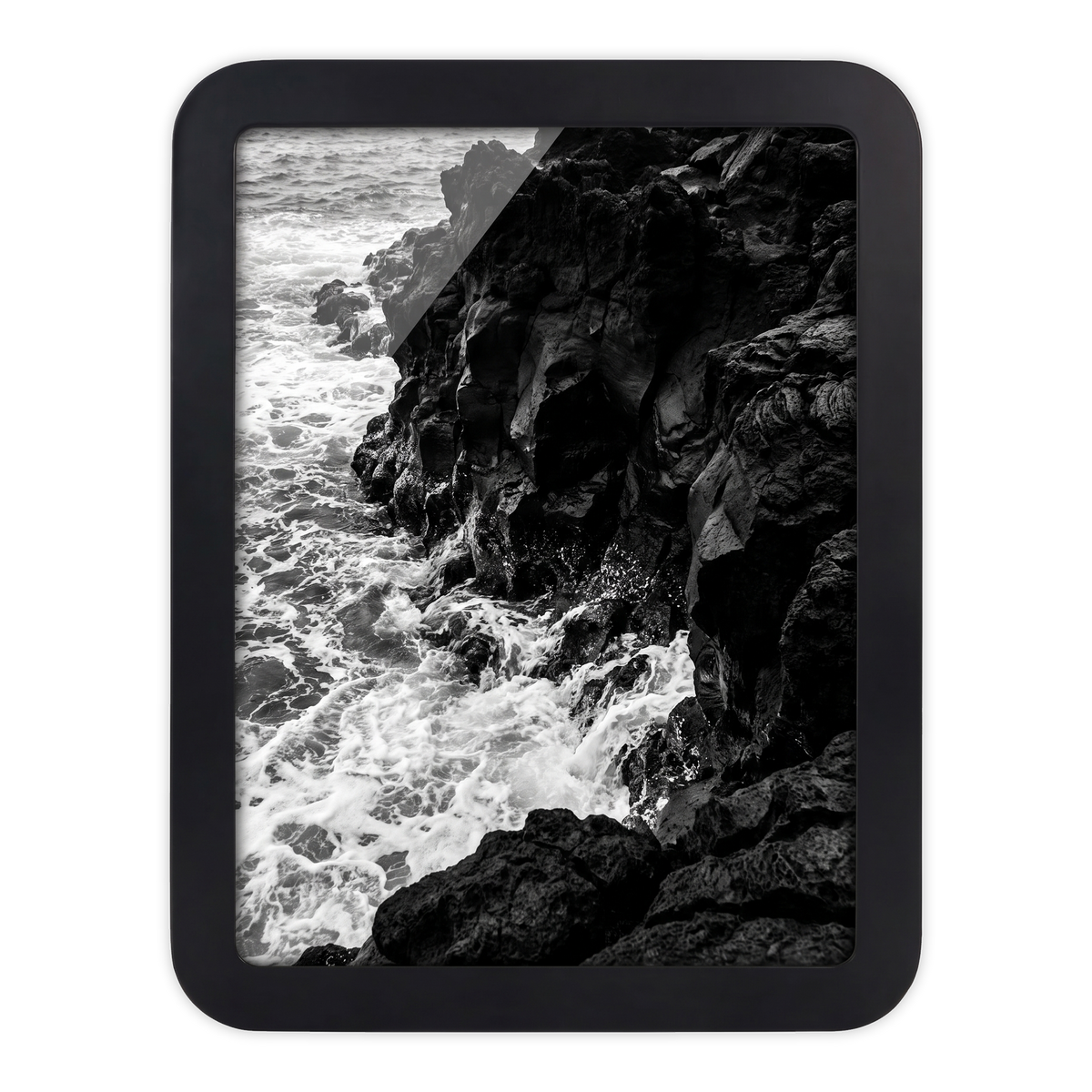 Black 12x16 Mod frame with no mat, waves breaking against dark rocks 