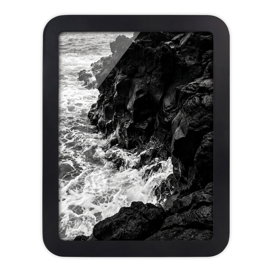Black 12x16 Mod frame with no mat, waves breaking against dark rocks 