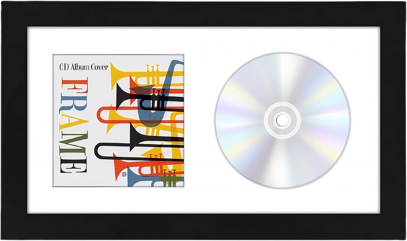 Black CD album frame, 6.5x12, with a white mat, holding a CD album sleeve and a compact disc #flat