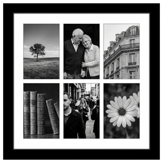 Black 14x14 collage frame, white mat with six 4x6 openings holding black-and-white photos #flat