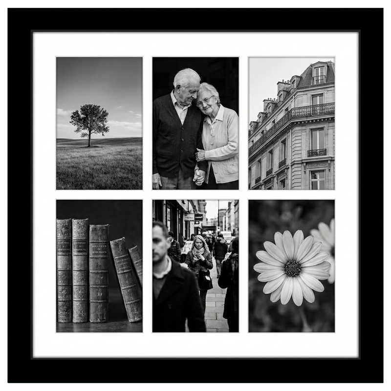 Black 14x14 collage frame, white mat with six 4x6 openings holding black-and-white photos #flat