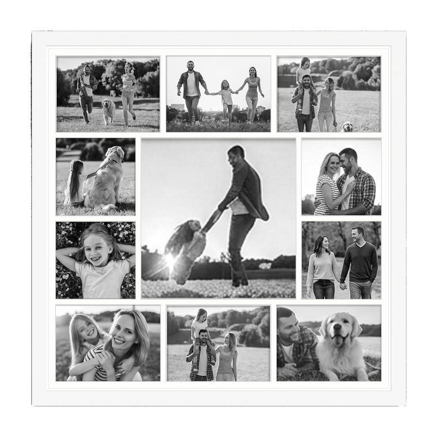 White 20x20 collage frame with eleven openings holding black-and-white family and dog photos 