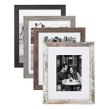 Four 8x10 rustic collage frames stacked, white mats opening to 5x7, in four wood tones 