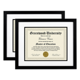 Two black 11x14 document frames, 8.5x11 white mats with black lines, holding sample Greenwood diplomas 