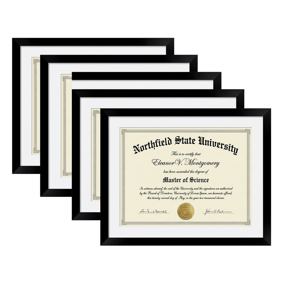 Four black 11x14 document frames with 8.5x11 white mats, holding a sample Northfield State University diploma 
