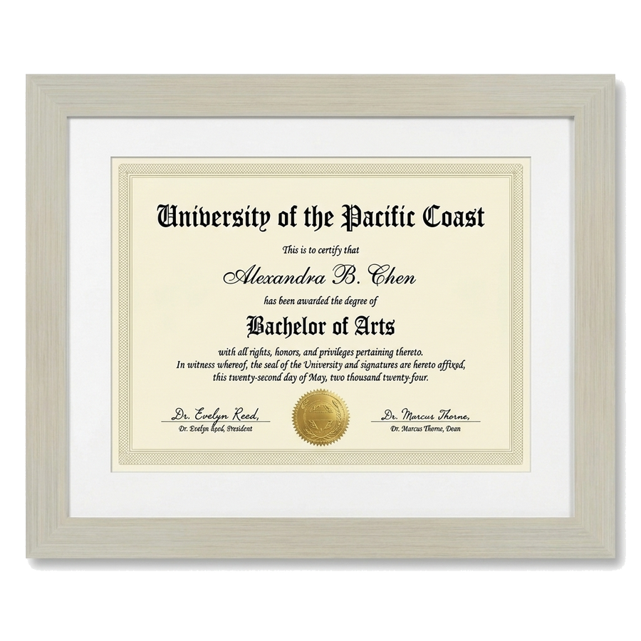 Light wood 11x14 document frame, 8.5x11 white mat opening, holding a sample Pacific Coast diploma 