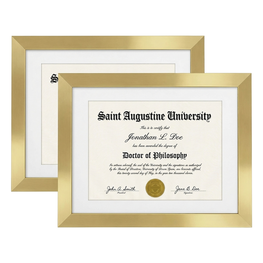Two polished brass 11x14 document frames, 8.5x11 white mats, holding sample Saint Augustine diplomas 