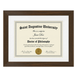 Walnut 11x14 document frame, 8.5x11 white mat, holding a sample Saint Augustine University diploma 