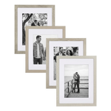 Four 11x14 collage frames stacked in pale mod wood, white mats around 8x10 photos 