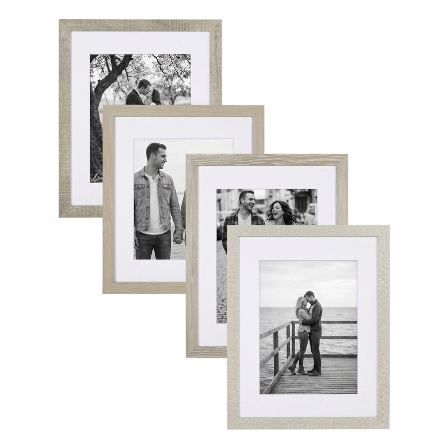 Four 11x14 collage frames stacked in pale mod wood, white mats around 8x10 photos #flat