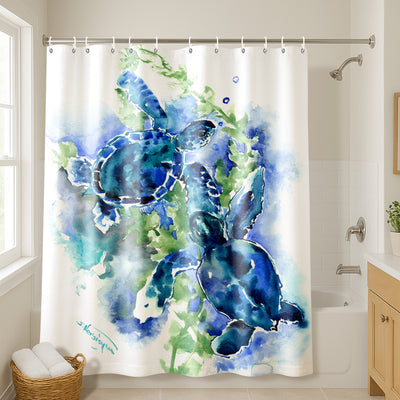 71x74 Sea Turtle Shower Curtain with 12 Metal Grommets | Blue — 71 x 74