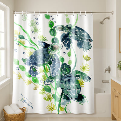 71x74 Sea Turtle Shower Curtain with 12 Metal Grommets | Green — 71 x 74