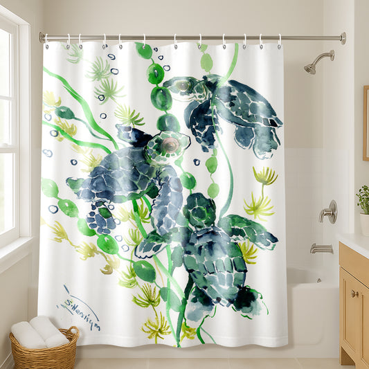 71x74 Sea Turtle Shower Curtain with 12 Metal Grommets | Green