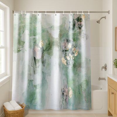 71x74 Abstract Shower Curtain with 12 Metal Grommets | Green Modern Design — 71 x 74