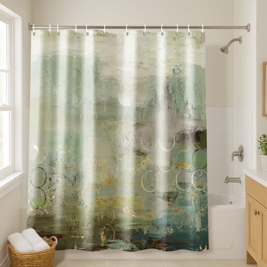 71x74 Shower Curtain with 12 Metal Grommets | Muted Green and Gold Accents