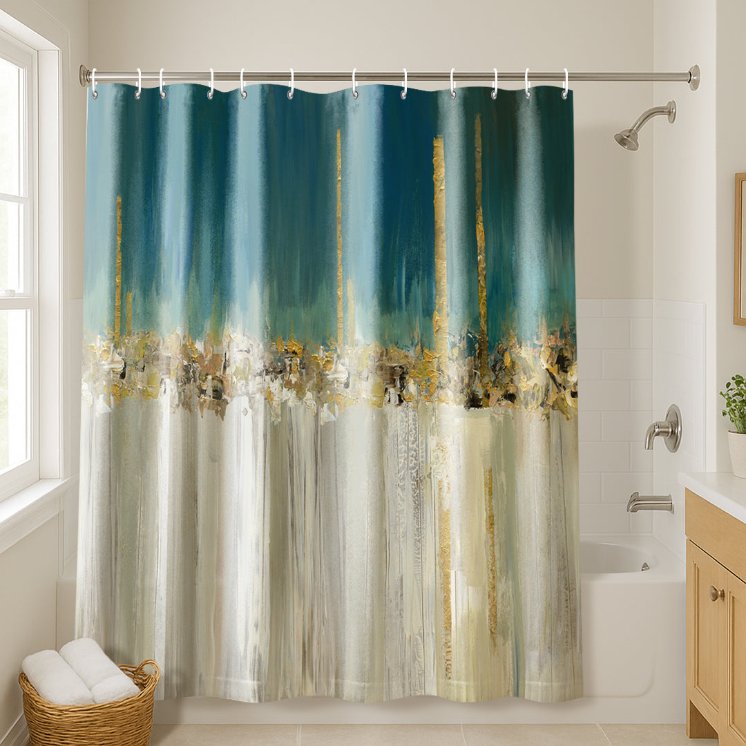Abstract shower curtain, deep teal over cream and gold hung over a tub in a tiled bathroom #flat