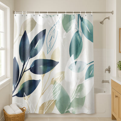71x74 Abstract Shower Curtain with 12 Metal Grommets | Green Botanical Design — 71 x 74
