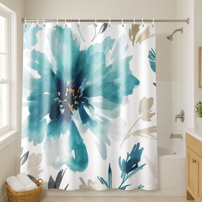 71x74 Abstract Shower Curtain with 12 Metal Grommets | Blue Floral — 71 x 74