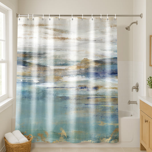71x74 Abstract Shower Curtain with 12 Metal Grommets | Landscape-Inspired Design