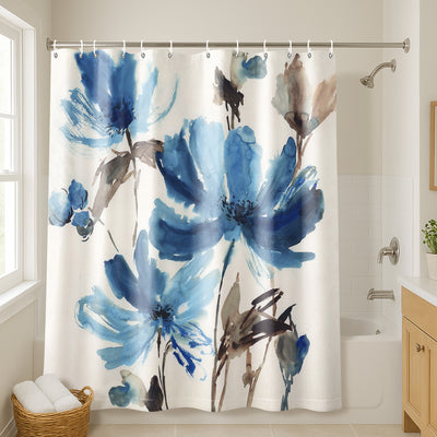 71x74 Floral Shower Curtain with 12 Metal Grommets | Blissful Blue — 71 x 74