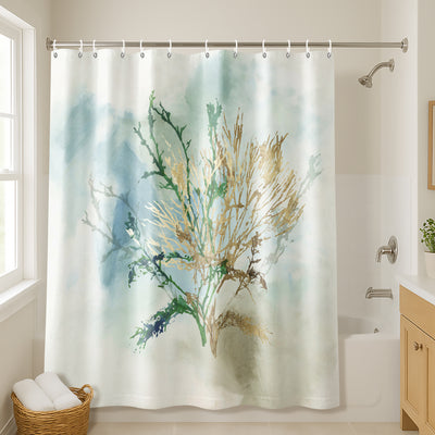 71x74 Abstract Shower Curtain with 12 Metal Grommets | Green Coral — 71 x 74
