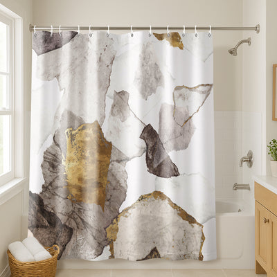 71x74 Abstract Shower Curtain with 12 Metal Grommets | White and Gold — 71 x 74
