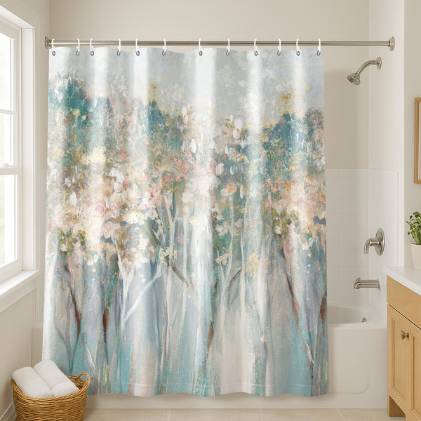 71x74 Abstract Shower Curtain with 12 Metal Grommets | Woodland-Inspired Design