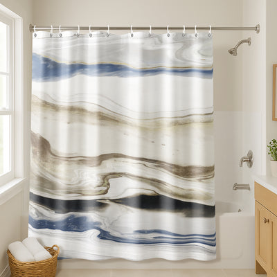 71x74 Abstract Shower Curtain with 12 Metal Grommets | Navy and Cream — 71 x 74