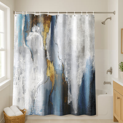 71x74 Abstract Shower Curtain with 12 Metal Grommets | Blue and Gold — 71 x 74