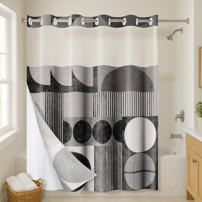 72x75 Hookless Shower Curtain with Sheer Panel, Snap-In Liner, and Grommets — Black & White / 72 x 75