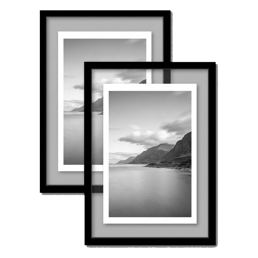 Two black 11x14 float frames overlapping, a mountain lake photo floating on white 