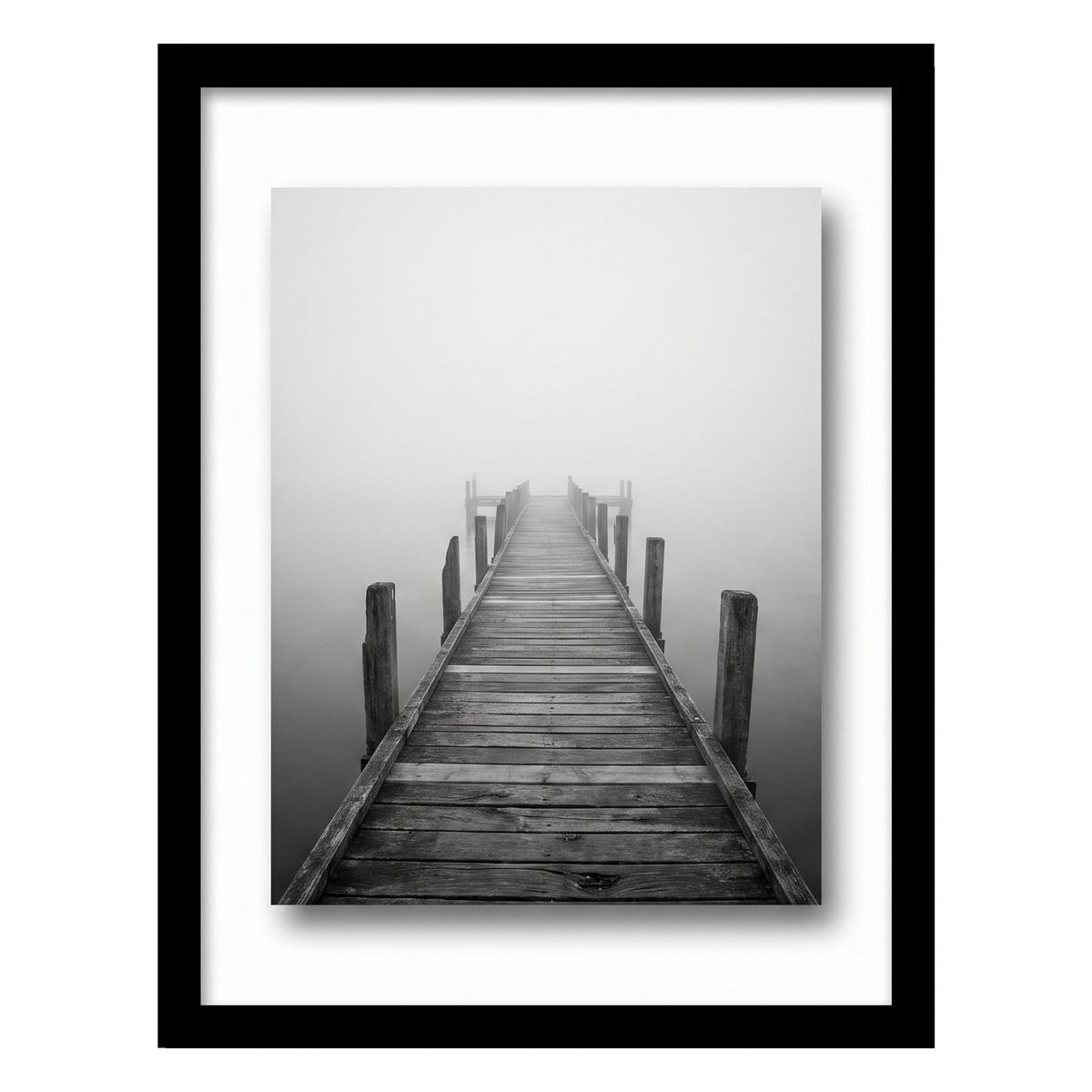 Black 12x18 float frame, a wooden jetty vanishing into mist, floating on white backing 